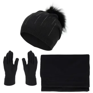 Czarny Komplet Dzianinowy z Kaszmirem Czapka Szalik Rękawiczki Polar Fashion - 6