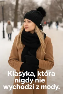 Czarny Komplet Dzianinowy z Kaszmirem Czapka Szalik Rękawiczki Polar Fashion - 8