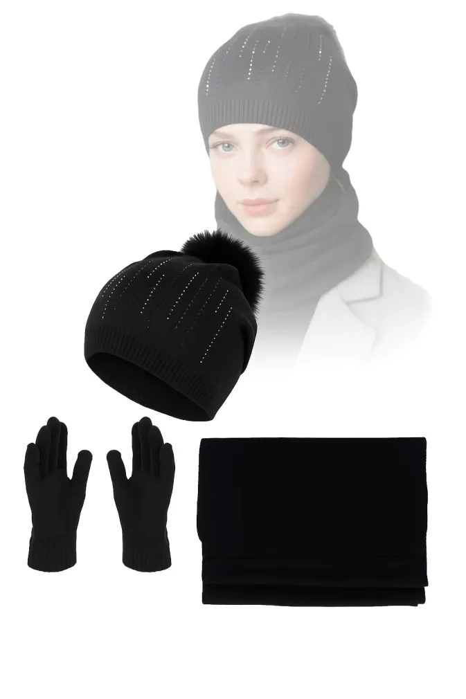 Czarny Komplet Dzianinowy z Kaszmirem Czapka Szalik Rękawiczki Polar Fashion