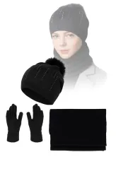 Czarny Komplet Dzianinowy z Kaszmirem Czapka Szalik Rękawiczki Polar Fashion
