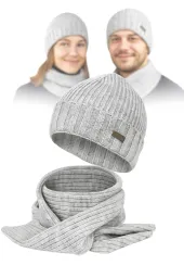 Unisex Szary Komplet Zestaw Czapka i Szal Idealny na Zimę W474A PolarFashion
