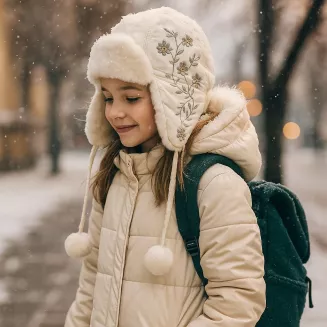Ecru Ciepła zimowa czapka pilotka dla dziewczynki nieprzemakalna W147D - 6