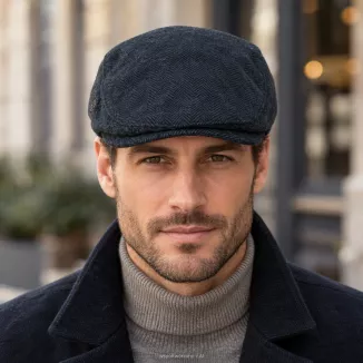 Kaszkiet Męski Granatowy Jodełka z Wełną Ocieplany Klasyczny Flat Cap K323B - 2