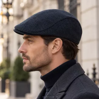 Kaszkiet Męski Granatowy Jodełka z Wełną Ocieplany Klasyczny Flat Cap K323B - 4
