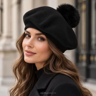Beret Damski Czarny Duży Pompon ze Sztucznego Futra Polar Fashion W537F - 2