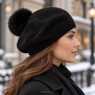 Beret Damski Czarny Duży Pompon ze Sztucznego Futra Polar Fashion W537F - 3