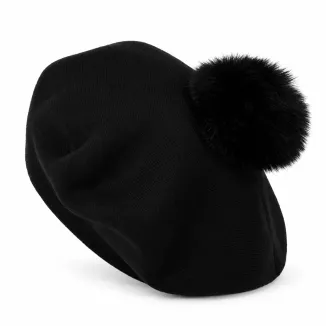 Beret Damski Czarny Duży Pompon ze Sztucznego Futra Polar Fashion W537F - 5