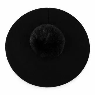 Beret Damski Czarny Duży Pompon ze Sztucznego Futra Polar Fashion W537F - 7