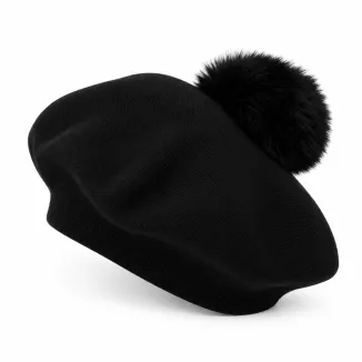 Beret Damski Czarny Duży Pompon ze Sztucznego Futra Polar Fashion W537F - 8