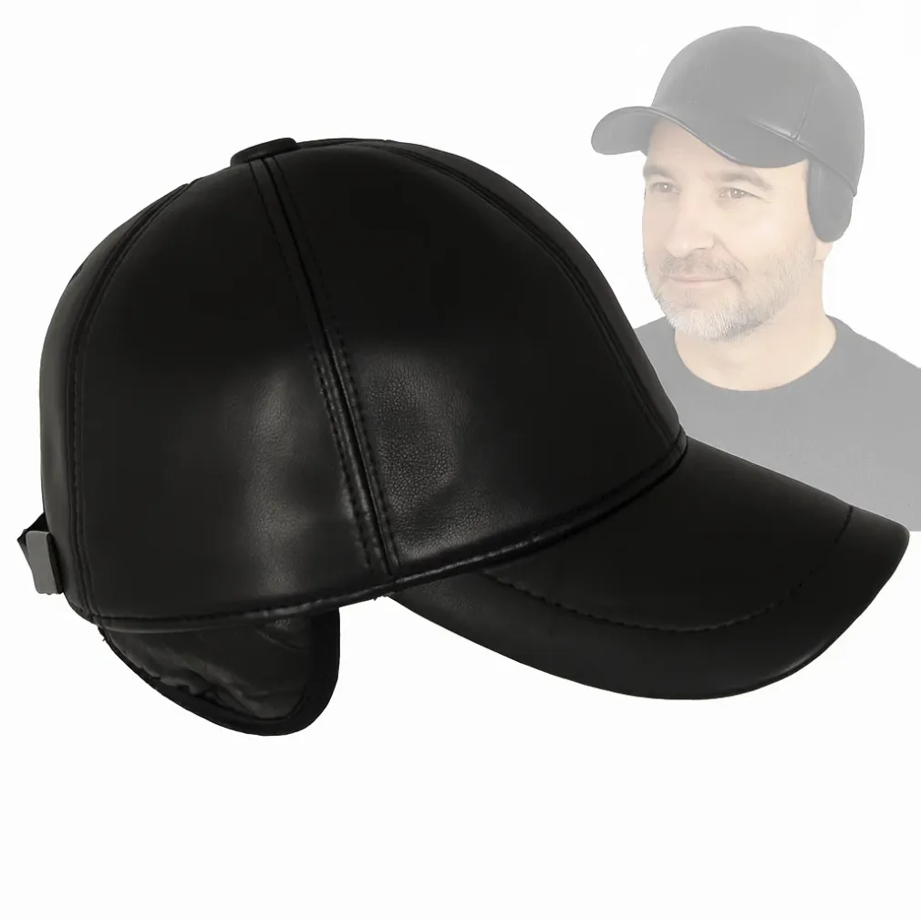 Czapka z daszkiem ocieplana bejsbolówka męska K248D czarna skórzana Polar Fashion