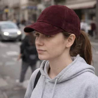 Skórzana Bejsbolówka Nubukowa Bordowa Ocieplona Unisex K296C Polar Fashion - 7