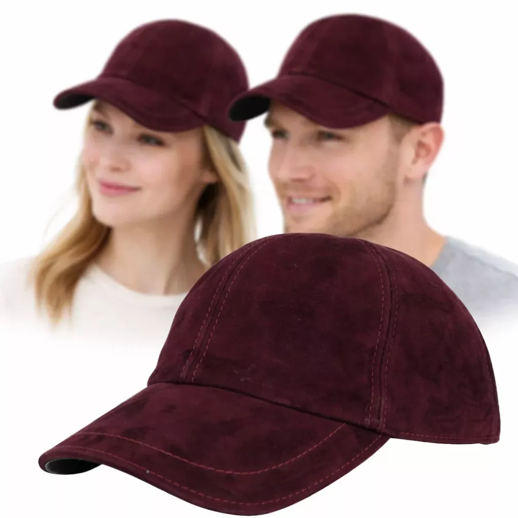 Skórzana Bejsbolówka Nubukowa Bordowa Ocieplona Unisex K296C Polar Fashion