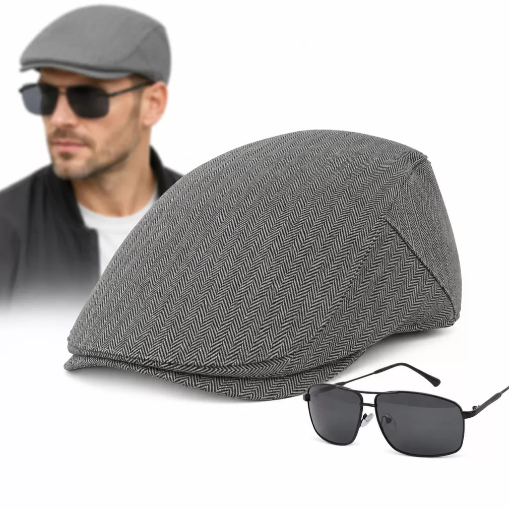 ZESTAW CZAPKA KASZKIET MĘSKI FLAT CAP SZARY + OKULARY POLARYZACYJNE K155AA