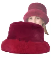 Czapka Zimowa Damska W517F Futrzany Bucket Hat Bordowo Czerwony Elegancki