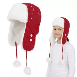 Dziewczęca czapka zimowa uszatka W149B czerwona ciepła z pomponami Polar Fashion