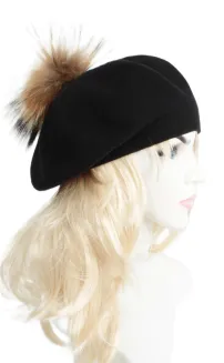 W503H Czarny  Beret damski z Naturalnym pomponem - 2
