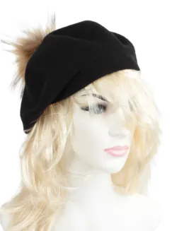 W503H Czarny  Beret damski z Naturalnym pomponem - 3
