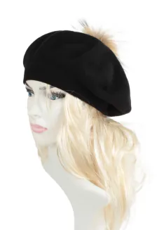 W503H Czarny  Beret damski z Naturalnym pomponem - 5