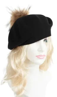 W503H Czarny  Beret damski z Naturalnym pomponem - 6