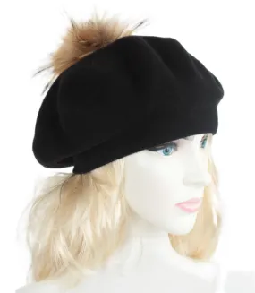 W503H Czarny  Beret damski z Naturalnym pomponem - 7