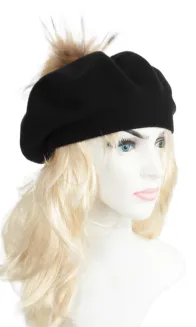 W503H Czarny  Beret damski z Naturalnym pomponem - 8
