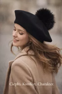 Czarny Beret Damski z Naturalnym Pomponem z Jenota W503H Polar Fashion - 7