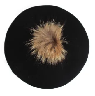 W503H Czarny  Beret damski z Naturalnym pomponem - 10