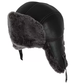 Pilotka skórzana W524 czarna uszatka z futrem wzór krokodyl Polar Fashion - 2