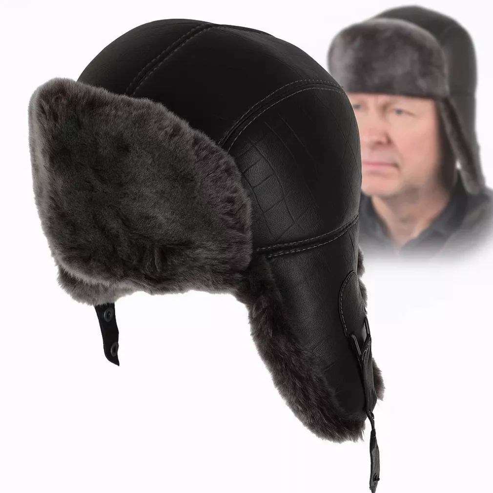 Pilotka skórzana W524 czarna uszatka z futrem wzór krokodyl Polar Fashion