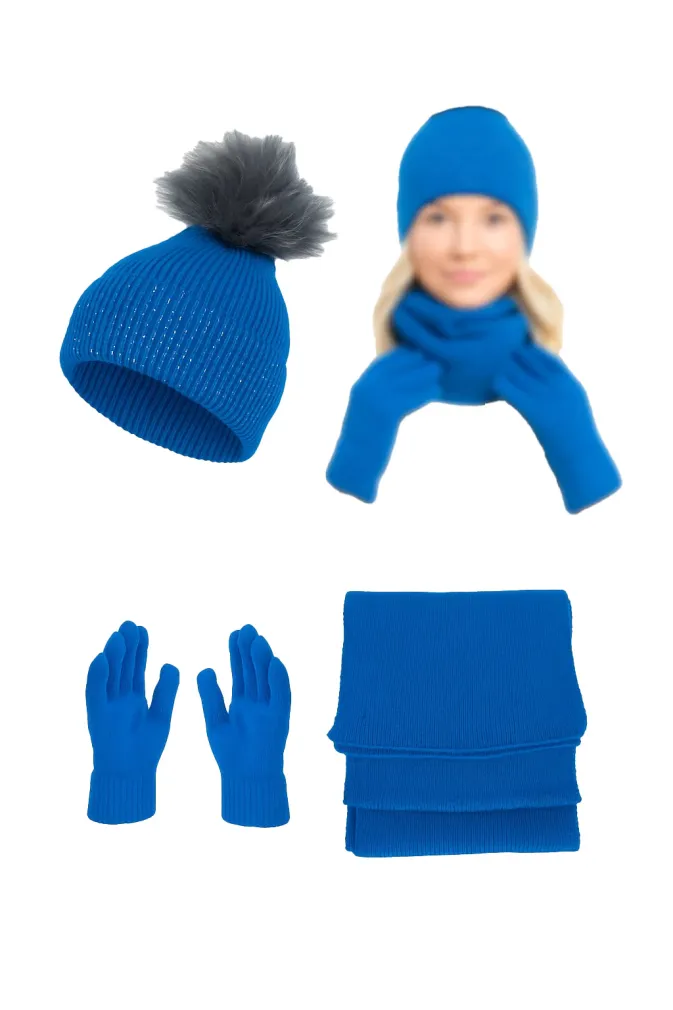 Damski Zimowy Komplet W454B Polar Fashion Czapka Szalik Rękawiczki Niebieski