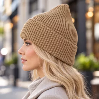 Ciepła Czapka damska beanie beżowa camel 100% wiskoza z wywinięciem  W535C - 3