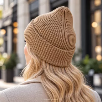 Ciepła Czapka damska beanie beżowa camel 100% wiskoza z wywinięciem  W535C - 4