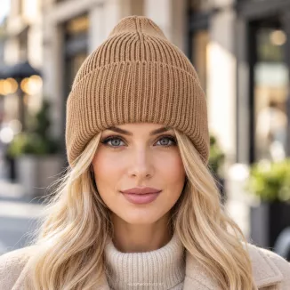 Ciepła Czapka damska beanie beżowa camel 100% wiskoza z wywinięciem  W535C - 5