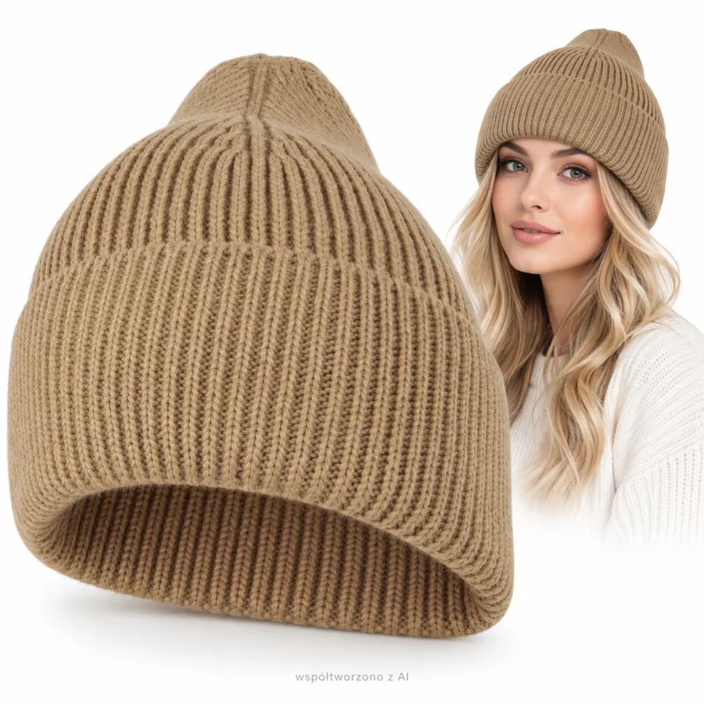 Ciepła Czapka damska beanie beżowa camel 100% wiskoza z wywinięciem  W535C