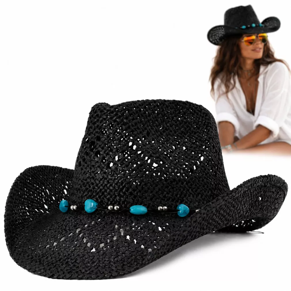 Kapelusz Kowbojski Damski Czarny BOHO + Okulary Typu Pilotki Western R251C