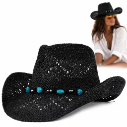 Kapelusz Kowbojski Damski Czarny BOHO + Okulary Typu Pilotki Western R251C