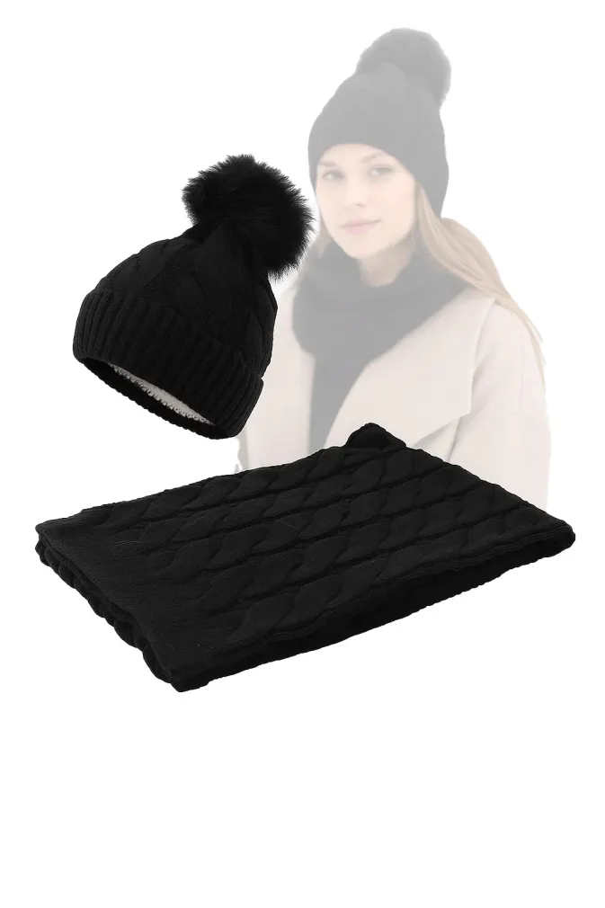 Zestaw Czarny Damski Komplet Zimowy W363DK – Czapka i Szal Polar Fashion