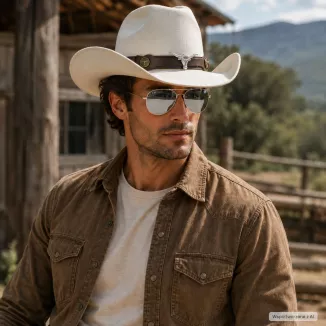 Polar Fashion kapelusz kowbojski Western z pilotkami unisex kremowa biel R259E - 2