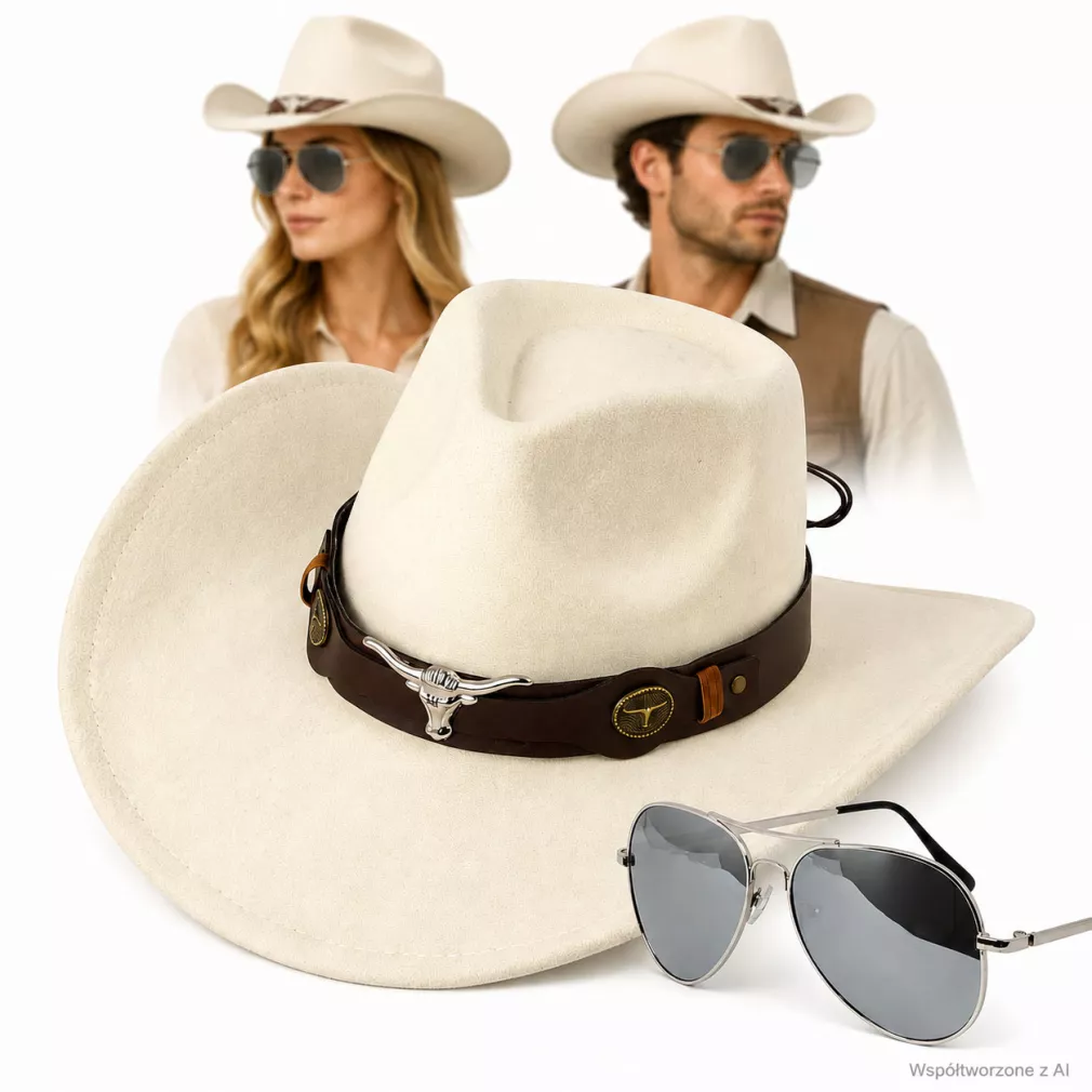Polar Fashion kapelusz kowbojski Western z pilotkami unisex kremowa biel R259E