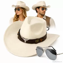 Polar Fashion kapelusz kowbojski Western z pilotkami unisex kremowa biel R259E