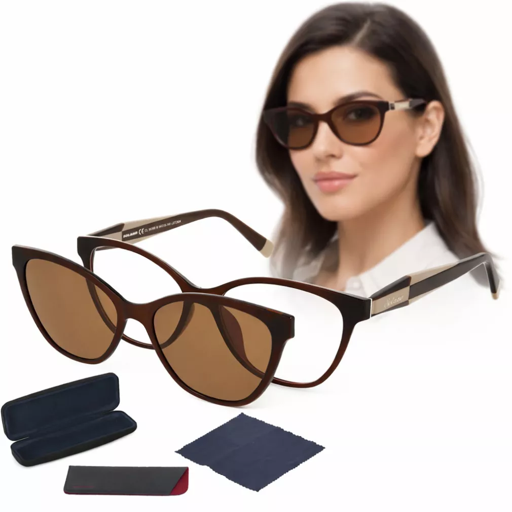Okulary damskie 2w1 clip-on polaryzacja UV400 TAC brąz beż Solano CL90308B