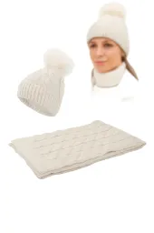 Damski Komplet Zimowy Beżowy, Czapka i Szalik Polar Fashion W363BK