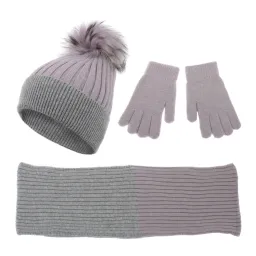 W376BK Fioletowo-szary Komplet czapka zimowa komin rękawiczki wełna kaszmir pompon z jenota Polar Fashion