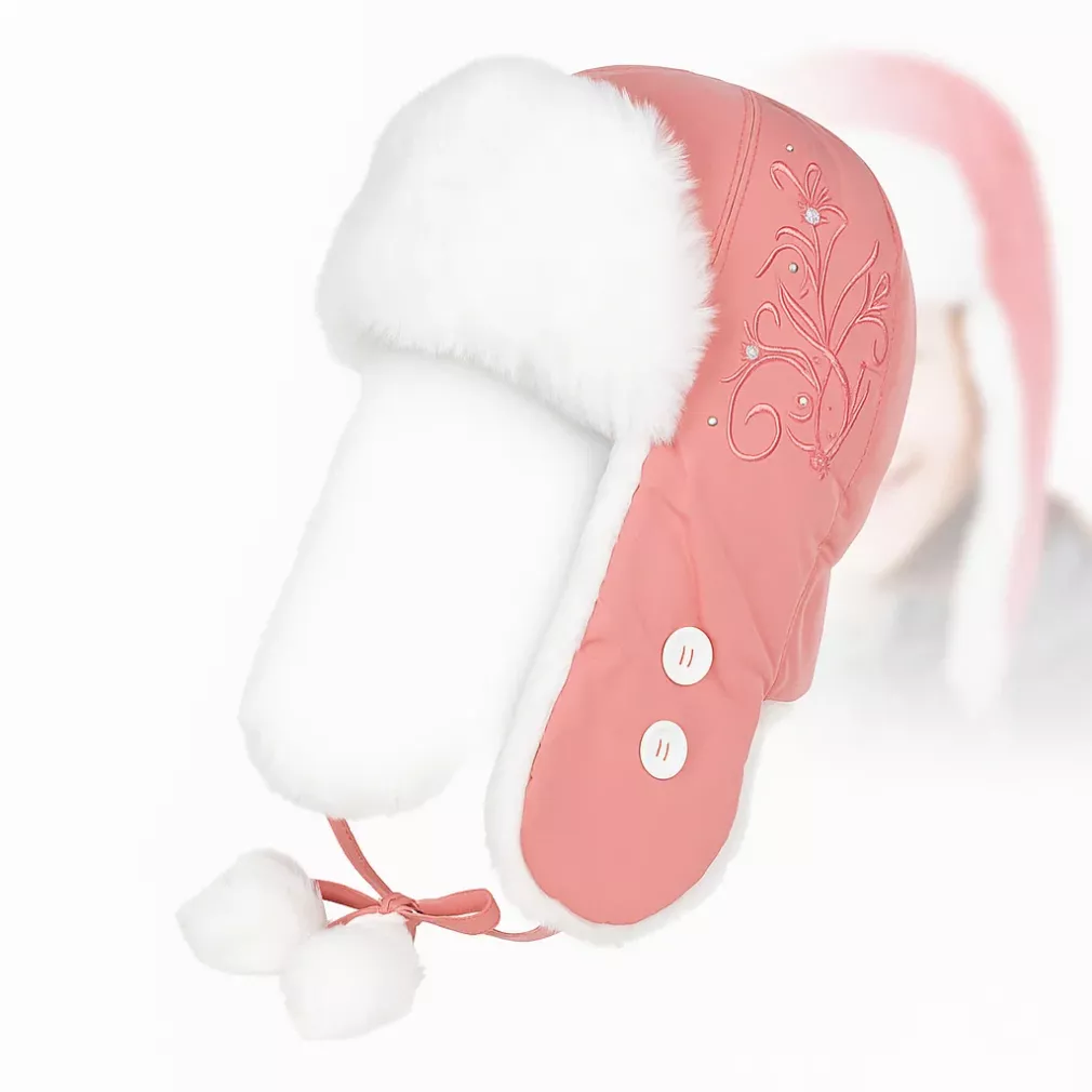Dziewczęca czapka uszatka W149C różowa ciepła zimowa futrzana Polar Fashion