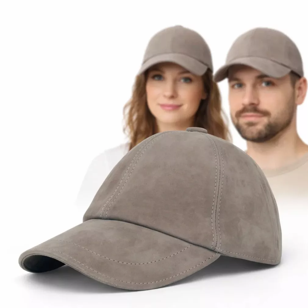 Beżowa skórzana bejsbolówka nubukowa unisex ocieplona K296A Polar Fashion