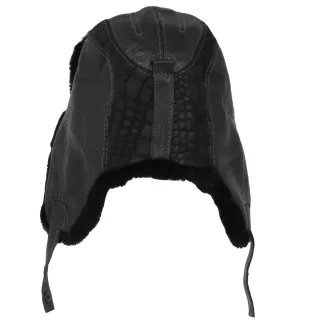 Męska skórzana pilotka czarna uszatka z tłoczonymi łuskami i ciepłym futrem W522A - 4