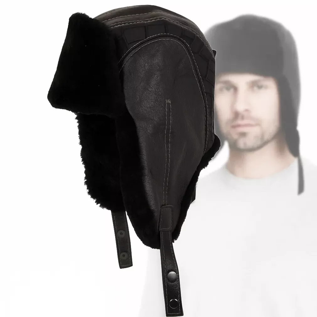 Męska skórzana pilotka czarna uszatka z tłoczonymi łuskami i ciepłym futrem W522A