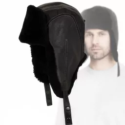 Męska skórzana pilotka czarna uszatka z tłoczonymi łuskami i ciepłym futrem W522A