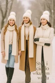 Damski Komplet Zimowy Dzianinowy Kremowy W359AK Polar Fashion Czapka i Szal - 5