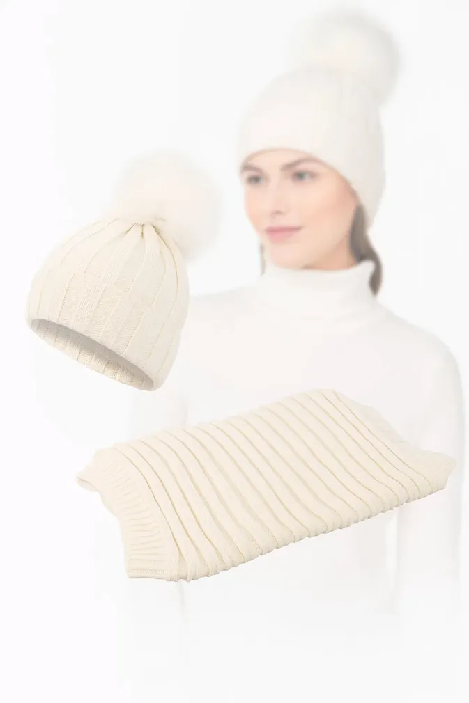 Damski Komplet Zimowy Dzianinowy Kremowy W359AK Polar Fashion Czapka i Szal